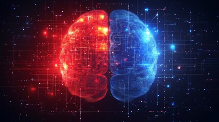 Obraz premium An artistic depiction of a split digital brain with contrasting red and blue colors, highlighting network connections and neural pathways, symbolizing duality and thought.
