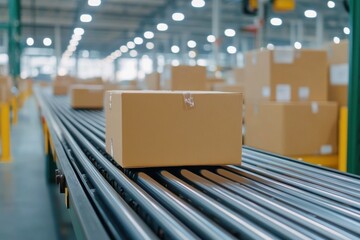 A close-up view of a cardboard box on a conveyor belt in a warehouse, showcasing a busy logistics and distribution environment.