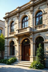 Obraz premium Elegant stone office building with arched windows and intricate detailing, office, stone