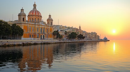 Fototapeta premium Sunset over Maltese Waterfront Church and Buildings