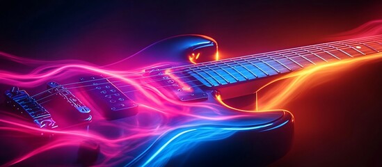 Electric guitar with vibrant neon light trails in a dark setting, showcasing dynamic energy