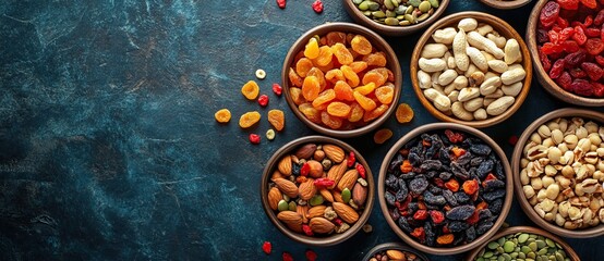 A vibrant display of dried fruits and nuts in bowls for Nowruz celebrations, AI generated image