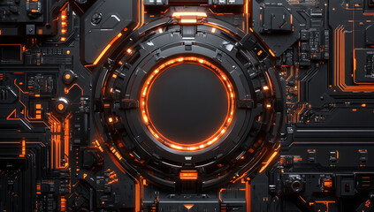 "Futuristic Cyberpunk Black and Orange Circuit Board with a Circular Shape in the Center"