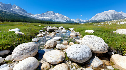 Mountain valley stream, clear water, rocks, summer