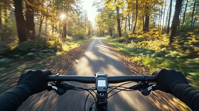 First-person view of riding a bike on a country road in an suumer forest, in daylight.