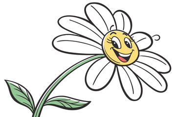 Smiling daisy flower, cute cartoon style, yellow center, white petals, happy expression, cheerful mood, simple design, bright colors, childlike drawing, sticker aesthetic, clean outlines, flat illustr
