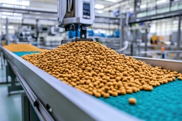 Fototapeta premium A modern pet food manufacturing process with automated machinery and conveyor belts handling dry kibble in a factory setting.