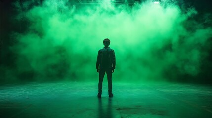 Fototapeta premium A man stands in front of a green smoke screen