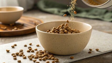 Slow motion pour of kibble into bowl kitchen setting food photography indoor viewpoint