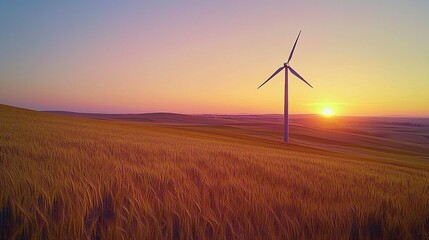 Obraz premium A solitary wind turbine stands tall amidst lush golden wheat fields, basking in the warm hues of a sunset, creating an eco-friendly and serene landscape.