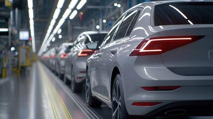 Fototapeta premium A modern car assembly line with multiple white vehicles lined up, highlighting the manufacturing process in a well-lit factory.