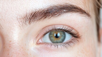 Fototapeta premium Close-up green eye, woman, beauty, skin, freckles, macro shot, skincare ad
