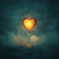 Fototapeta premium Glowing heart-shaped balloon floating in misty atmospheric background