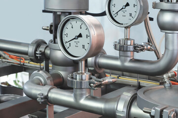 Boiler room gas pressure meter. Industrial  concept. equipment of the boiler-house, - valves, tubes, pressure gauges manometer