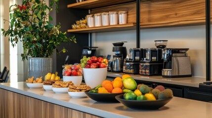 A table with a variety of fruits and snacks.