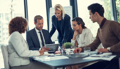 Office, teamwork and business people with tablet for research, economy solution and investment...