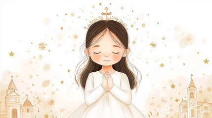 Illustration of a girl at her first communion surrounded by flowers and candles