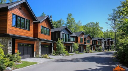 Obraz premium A row of modern townhouses with wooden cladding and stone accents, set against the backdrop of clear blue skies in Canada. 