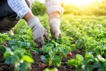 Fototapeta premium A person wearing gloves harvests fresh produce from a lush green field, capturing the essence of agriculture and sustainable farming.