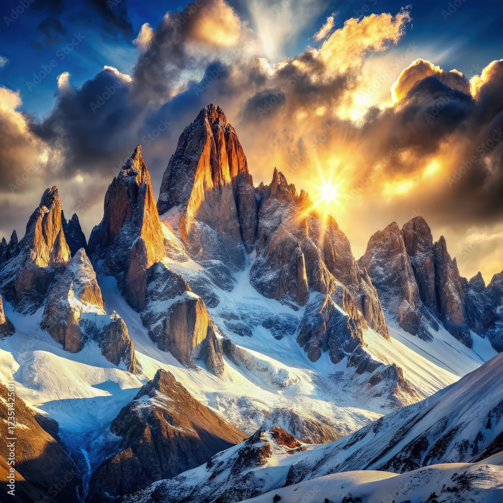 Poster Majestic Mountains Illuminated by Golden Sunset Light. Generative AI