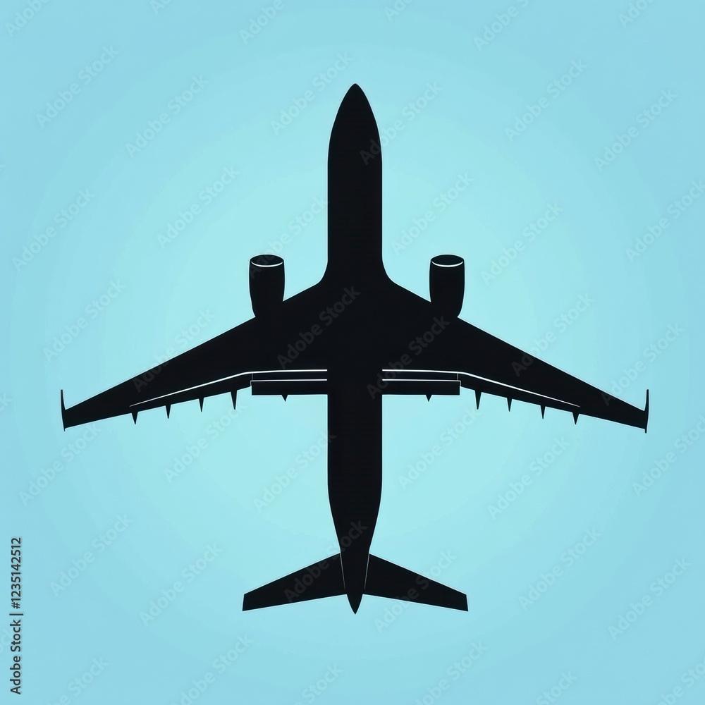 Poster Silhouette of a streamlined airplane in flight against a soft blue background showcasing clean lines and modern design. Generative AI