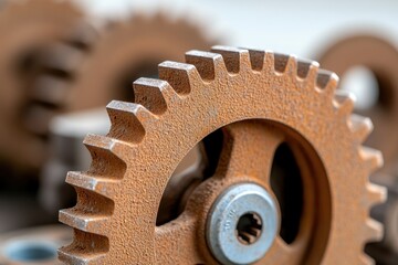 Close-up of rusty gears showcasing intricate teeth and a central bolt, highlighting industrial machinery and mechanical engineering.