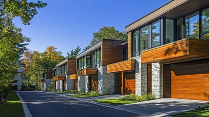 A row of modern townhouses with wooden cladding and stone accents, set against the backdrop of clear blue skies in Canada. 