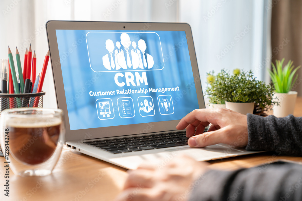 Poster Customer relationship management system on modish computer for CRM business and enterprise