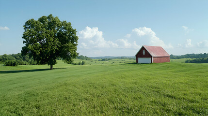 Obraz premium Red barn, green field, lone tree, sunny day, rural landscape