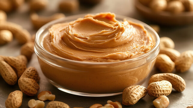 Delicious creamy peanut butter in a glass bowl with scattered raw peanuts on a rustic table