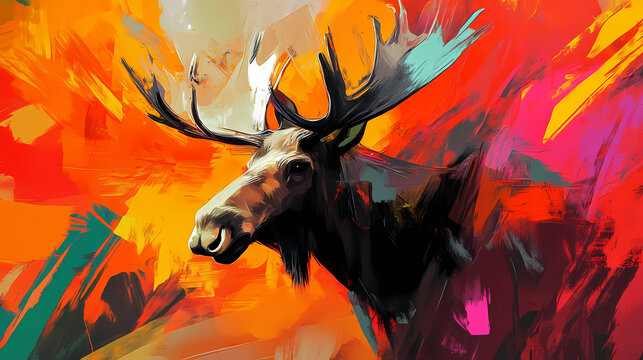 Abstract expressionism moose, painted with bold, expressive strokes and vivid colors. Abstract Expressionism. Illustration