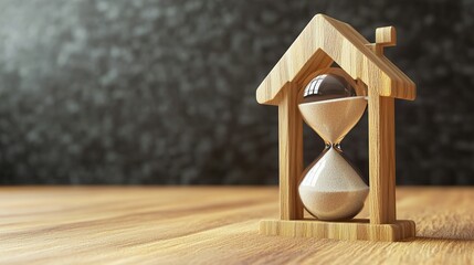 The hourglass is shaped like a house, with sand flowing inside it, symbolizing time passing and real estate's value growing over time. 