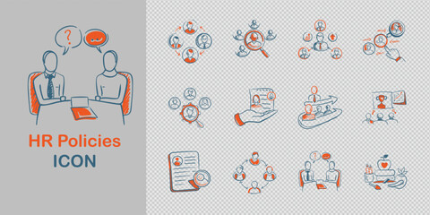collection of hand-drawn HR policies icons for employee management, benefits, and company guidelines. Ideal for enhancing HR-related documentation or presentations