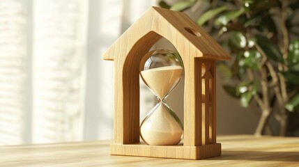 The hourglass is shaped like a house, with sand flowing inside it, symbolizing time passing and real estate's value growing over time. 