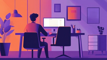 A man works on a computer in a dimly lit room.