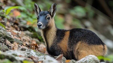 A Tatra chamois (Rupicapra rupicapra tatrica) climbing a rocky hillside in the mountains. 
