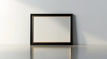 A simple black wooden picture frame with gold edges, standing on the floor against an empty white wall.