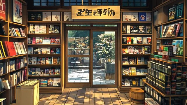 Charming Bookstore Interior Bookshelves Wooden Floor Sunlight