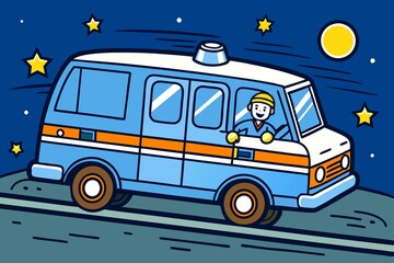 An ambulance car rushes to a patient in the night