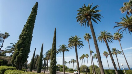 Cypress trees standing against a clear blue sky with individual palm trees rising from the ground, hillside, cypress tree trunk