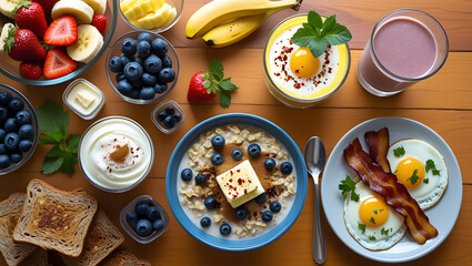 A vibrant and inviting breakfast table scene, viewed from directly above, set against a warm, honey-brown wooden background. The composition features an artfully arranged assortment of healthy breakfa