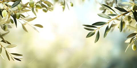 Obraz premium Green Olive Branch on bokeh Nature Background with Copy Space