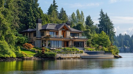 Obraz premium A two-story luxury home with a summer landscape in Vancouver, Canada, during the day in June 2024. 