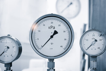 Boiler room gas pressure meter. Industrial  concept. equipment of the boiler-house, - valves, tubes, pressure gauges manometer
