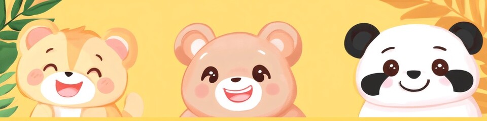 Cute baby animals smiling with tropical leaves on yellow background