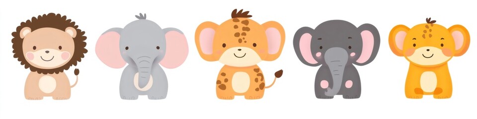 Fototapeta premium Cute lion, elephants and giraffe smiling together, adorable safari animals illustration