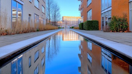 Modern apartment complex reflecting in water feature