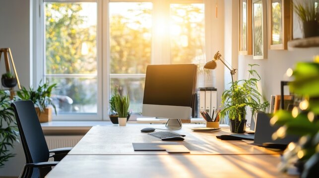 A modern office space with a large window, wooden desk, and various plants.
