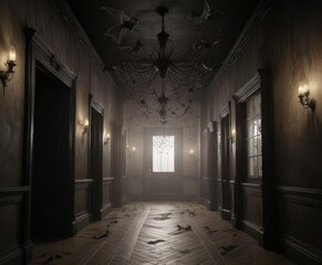 Darkened hallway with cobweb-covered chandelier and bats flying in the air, haunted hall, abandoned mansion, cobwebs