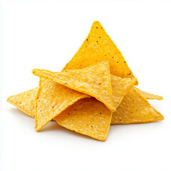 A crisp and golden stack of Mexican tortilla chips placed on a clean white background, showcasing their crunchy texture and authentic flavor. These classic corn chips are perfect for snacking